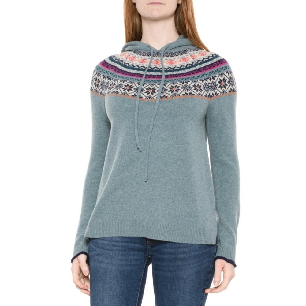 New Tabitha Webb Fair Isle Hooded Sweater Size L Blue Green Wool Blend